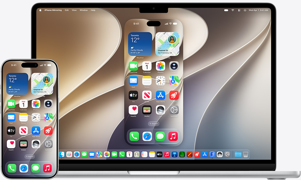 iPhone and MacBook models shown side by side showcasing mirror effect on MacBook, display shows generic wallpaper