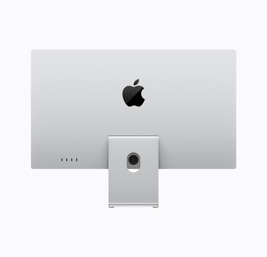 Vista trasera del Studio Display de Apple en plata con el soporte con inclinación ajustable y el logotipo negro brillante de Apple en el centro