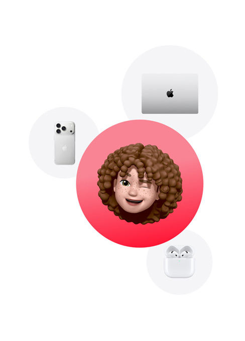 Un iPhone 17 Pro en finition argent, un MacBook en finition argent et des AirPods Pro 3 entourant un Memoji d'une personne faisant un clin d’œil