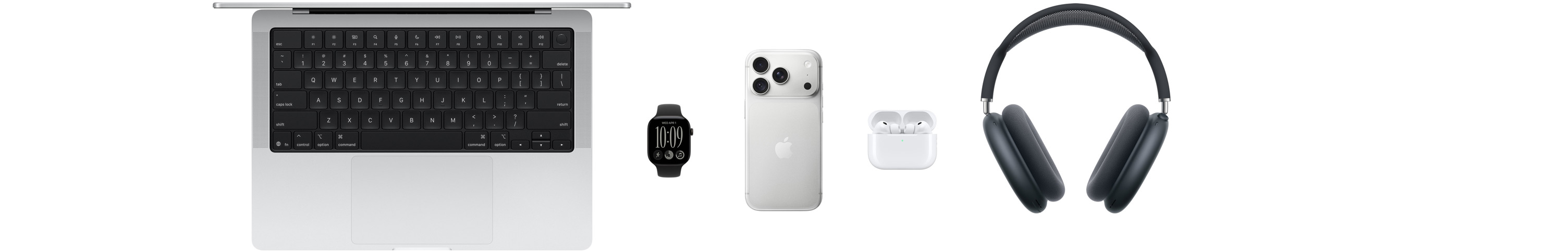 Varios productos Apple, incluyendo un MacBook, Apple Watch Series 11, iPhone 17 Pro, AirPods Pro 3 y AirPods Max