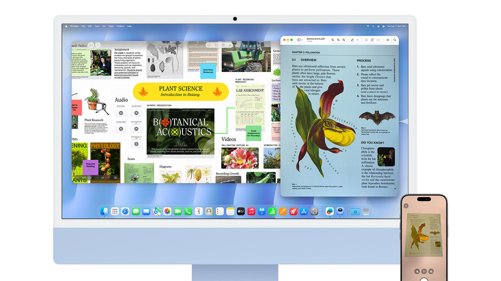 En iMac og en iPhone viser levende indhold, iMac-enheden har en macOS Tahoe-baggrund.