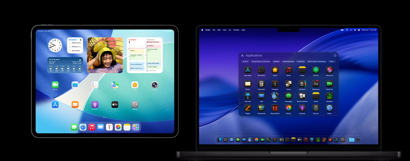 En iPad og en Mac med forskellige appsymboler. iPad-enheden viser flere widgets, herunder Kalender, Vejr og Fotos. I baggrunden på Mac vises macOS Tahoe.