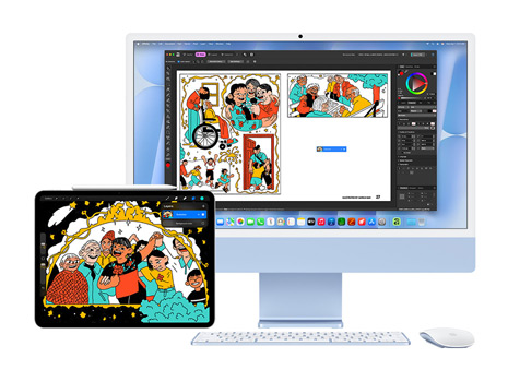 En frisk og sjov illustration vist på en iPad og en iMac med macOS Tahoe. På iMac-enheden bruges illustrationen i en kreativ app.