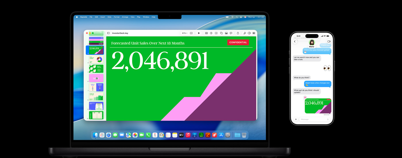 En Mac med en præsentation og en macOS Tahoe-baggrund. Foran Mac-computeren er der en iPhone med den samme præsentation i en beskedudveksling.