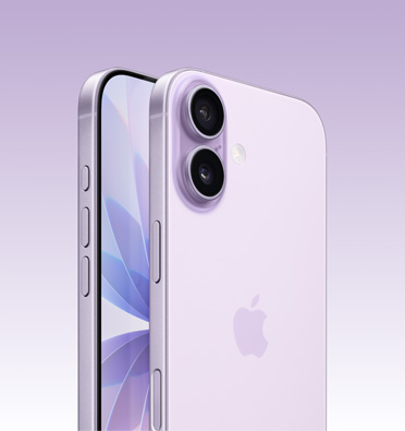 Due iPhone 17 lavanda, uno di fronte all’altro: uno mostra parzialmente il display e il lato, con tasto Azione e tasti del volume. L’altro mostra la parte posteriore con il sistema evoluto a doppia fotocamera nell’angolo in alto a sinistra, e il lato, con tasto laterale.