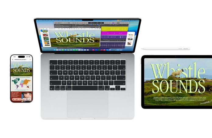 Mac, iPhone e iPad a apresentar o mesmo projeto de sons de apito nos ecrãs, mostrando como os dispositivos Apple funcionam em conjunto