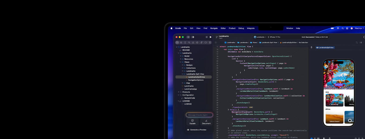 Xcode a funcionar no Mac, com o assistente de programação com IA Claude Agent e pré‑visualização da app no iPhone