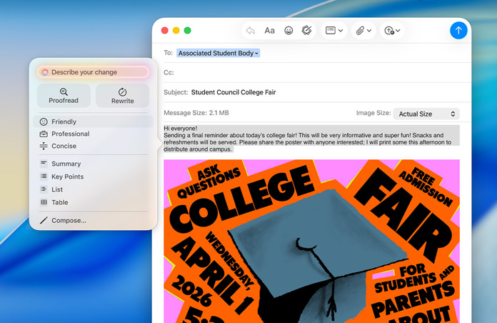 Email da feira universitária na app Mail no Mac, com as ferramentas de escrita da Apple Intelligence abertas e opções para rever ou reescrever o tom