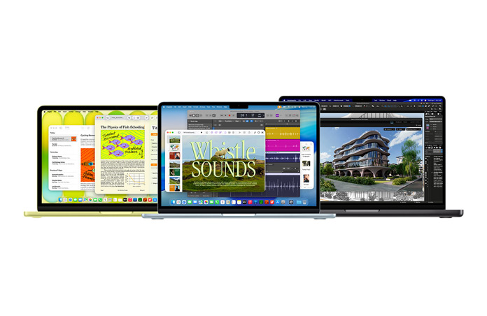MacBook Neo na cor Cítrico, MacBook Air na cor Prateado e MacBook Pro na cor Preto sideral, mostrando a variedade de desempenho da família Mac