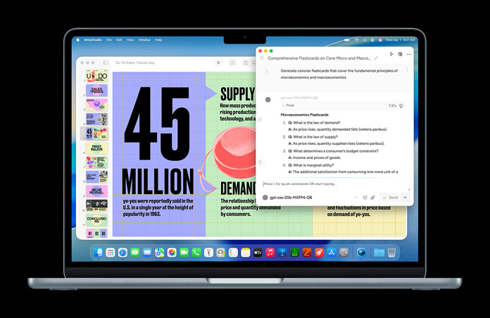 MacBook a mostrar um ecrã da app Msty Studio com cartões de memorização (flashcards) de microeconomia, demonstrando as capacidades de IA no dispositivo.