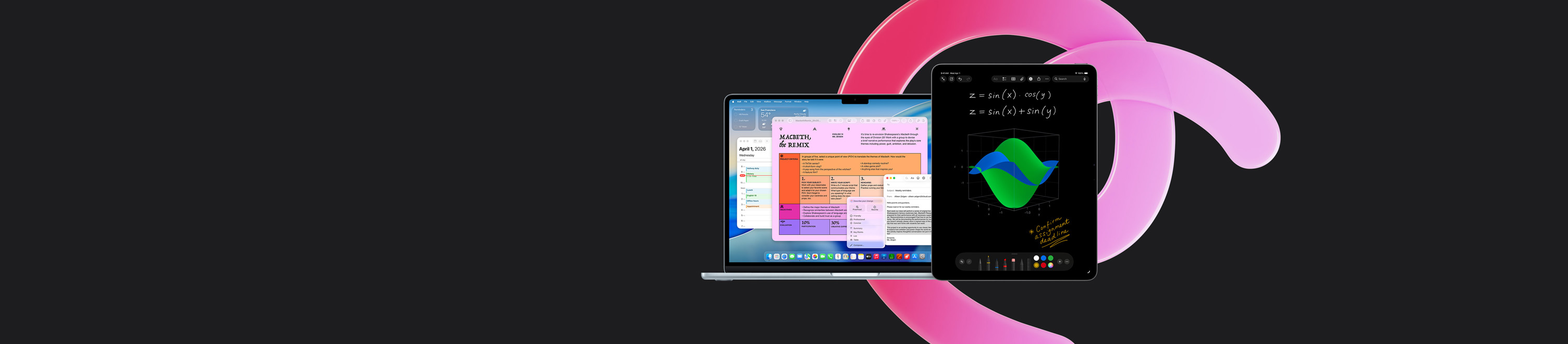 MacBook Air a mostrar as apps Pages, Calendário, Alertas e Mail ao lado de um iPad que apresenta equações escritas à mão nas Notas de matemática, para ilustrar a produtividade com as apps integradas
