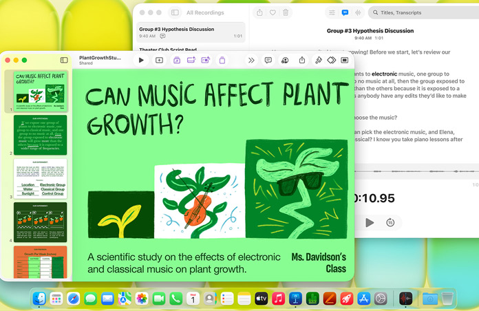 Ein Mac Display zeigt eine Keynote Präsentation mit dem Titel „Kann Musik das Pflanzenwachstum beeinflussen?“ neben einem Sprachmemos Transkript, was die Vielseitigkeit zeigt