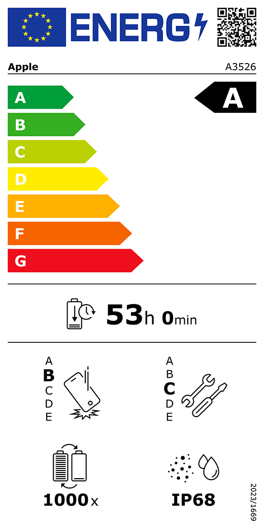 EU-Energielabel, QR Code und Informationen, Apple Modell A3526, Klasse A, Energieeffizienzklassen (auf einer Skala von A bis G), A (am effizientesten) bis G (am wenigsten effizient), Batterielaufzeit pro Zyklus, 53 Std. und 0 Min. pro voller Batterieladung, Sturzfestigkeit Klasse B für wiederholten freien Sturz, A (am robustesten) bis E (am wenigsten robust), Reparierbarkeit der Klasse C, A (am besten reparierbar) bis E (am wenigsten reparierbar), Batteriehaltbarkeit 1.000 Ladezyklen, Schutzart gegen Eindringen von Staub und Wasser (IP) IP68, Verordnung 2023/1669.