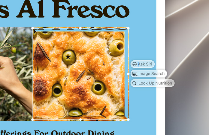 Le scritte Intelligenza visiva, Chiedi a Siri, Ricerca immagini e Valore nutrizionale compaiono a destra dell’immagine evidenziata di una focaccia alle olive