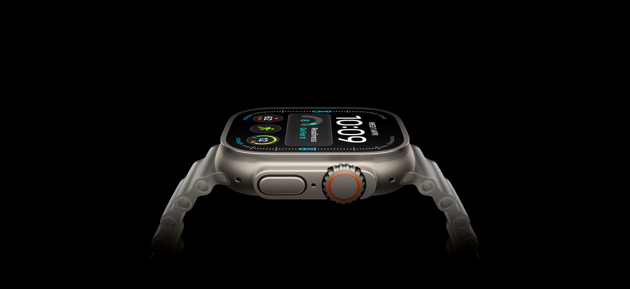 Apple Watch Ultra 4, titanium case, natural color, right exterior, Digital Crown, raised side button, digital watch face, translucent gray Ocean Band