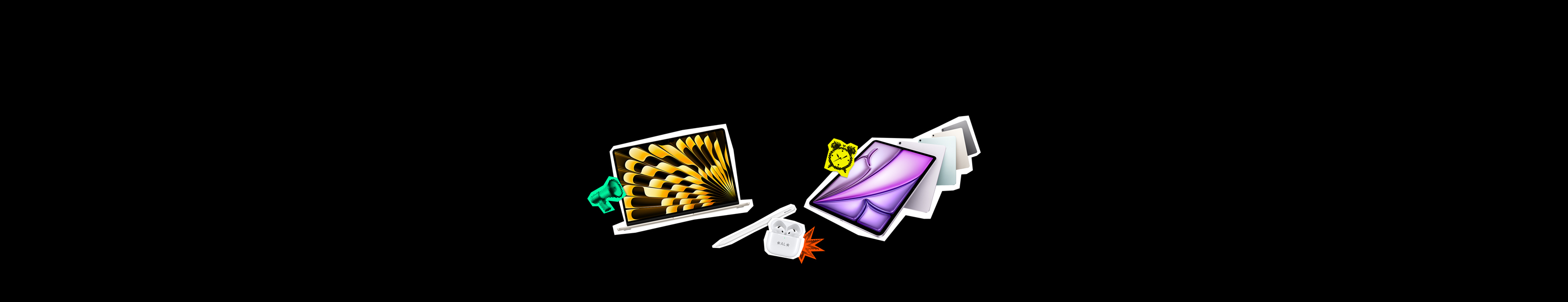 MacBook, display showing gold and black design on screen, megaphone emoji sticker, Apple Gift Card, rectangular, colorful Apple logo in the center, firecracker emoji sticker, iPad models in multiple colors, stacked vertically, clock emoji sticker