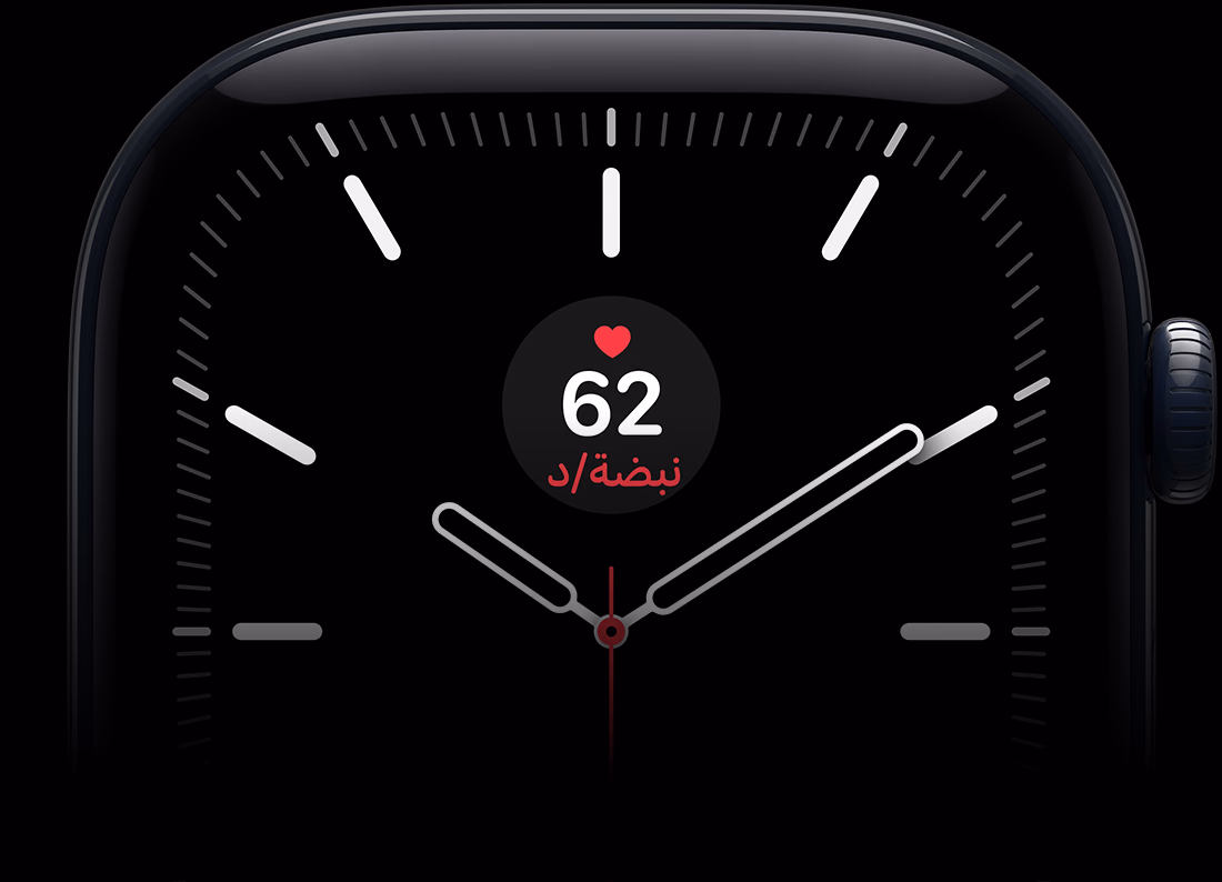 ساعة Apple Watch Series 12، إطار ألومنيوم، لون أسود، واجهة الساعة "ميريديان" مع إضافة معدل نبض القلب، الجهة الخارجية اليمنى، التاج الرقمي