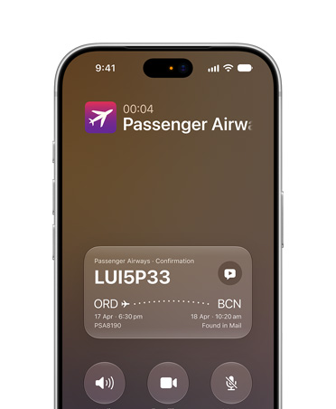 iPhone 18 Pro, Silver, screen displaying Call Context feature powered by Apple Intelligence, airline confirmation details while on a call