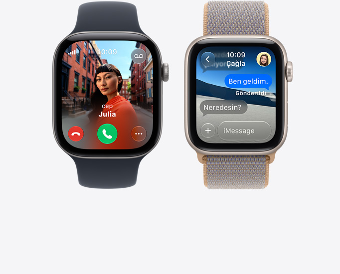 Apple Watch Series 12 aygıtları, ekranlar: gelen arama, kişi fotoğrafı, aramayı kabul etme ve reddetme düğmeleri, iMessage sohbeti, kordonlar: Spor Kordon, siyah renk, Spor Loop, şambre mavisi renk (açık mavi-gri)
