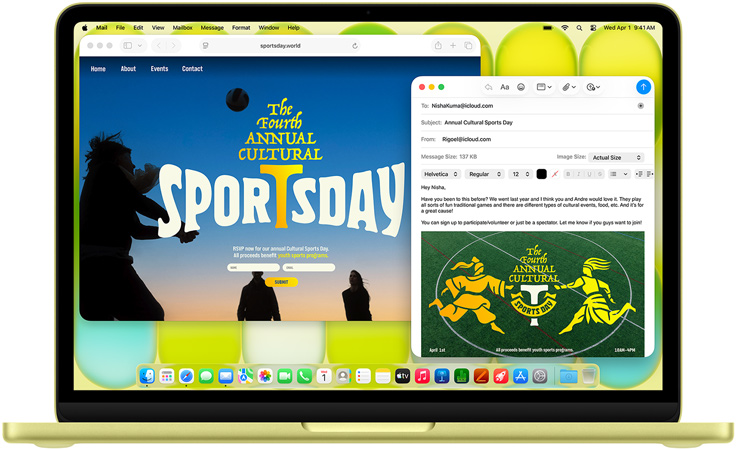 MacBook Neo цитринового кольору, користувач створює електронне запрошення на арт-виставку, поруч відкрито вебсайт заходу