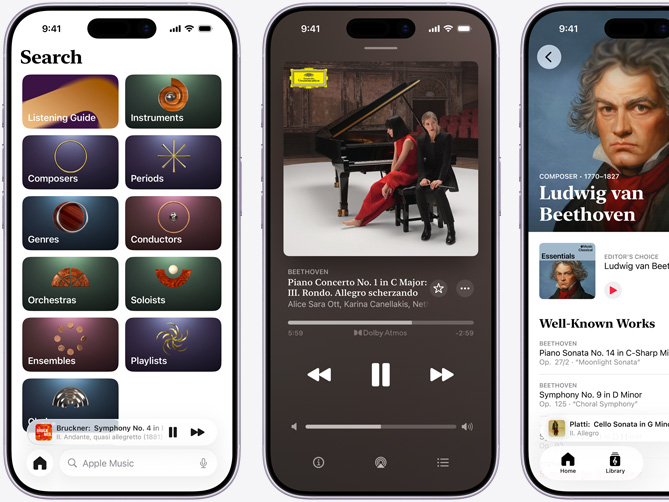 iPhone on left showing Apple Music Classical Browse tab with the Catalogue tab selected with Composers, Periods, Genres, Conductors, Orchestras, Soloists, Ensembles and Choirs categories; iPhone in middle showing Beethoven's Piano Concerto No. 1 in C Major, Op. 15: III. Rondo. Allegro scherzando playing in Dolby Atmos; iPhone on right showing Ludwig van Beethoven's Composer page