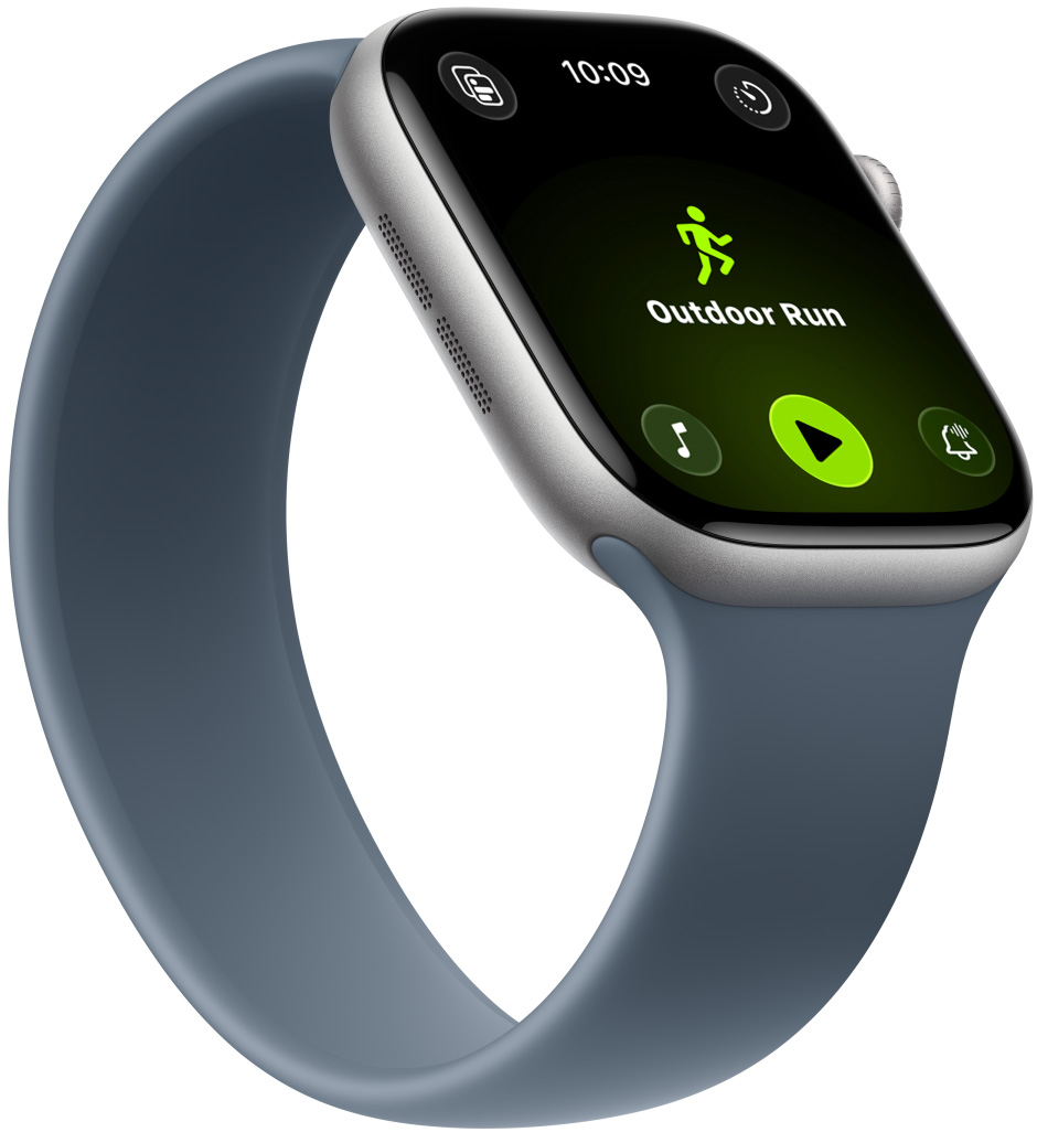 Apple Watch Series 11, aluminumboett i rymdgrått, Utomhuslöpning aktiverad, uppspelningsreglage i Apple Music längst ner på skärmen, sololoop i ankarblått