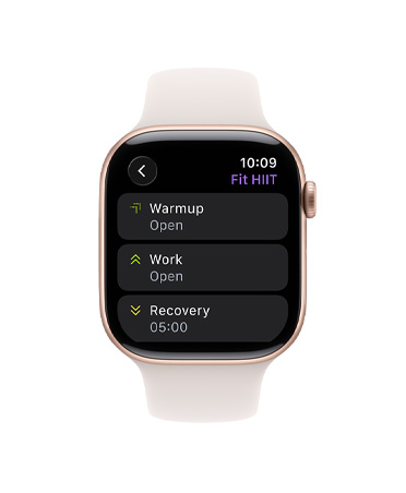 Apple Watch Series 11, titanboett i guldfinish, appen Träning med kortet Anpassad träning, sportband i rosé