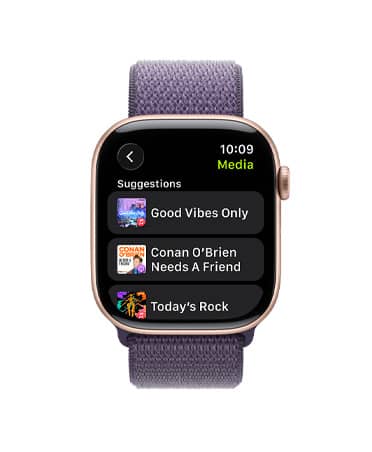 Apple Watch Series 11, aluminiumboett i roséguld, Apple Music-reglage, träningsspellista, höger utsida, Digital Crown, sportloop i färgen purpurdimma