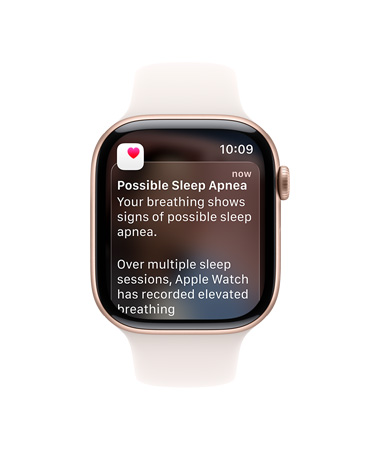 Apple Watch Series 11, aluminiumboett i roséguld, utökad notis om sömnapné på skärmen, höger utsida, Digital Crown, sportband i rosé