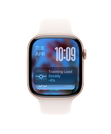 Apple Watch Series 11, aluminiumboett i guldfinish, tips från smart trave, sportband i rosé