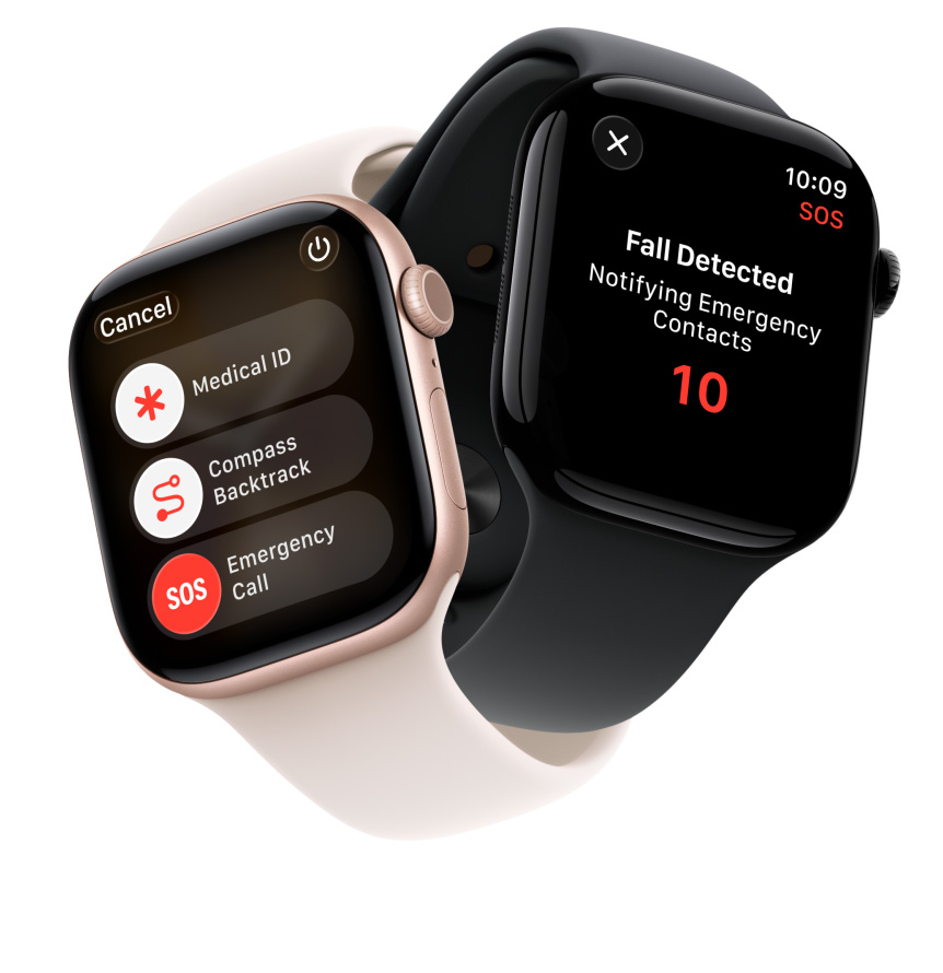 Apple Watch Series 11-enheter, aluminumboetter i roséguld och polerad gagatsvart, trygghetsfunktioner på skärmen: medicinskt ID, Gå tillbaka med kompass, nödanrop, sportband i färgerna rosé och svart