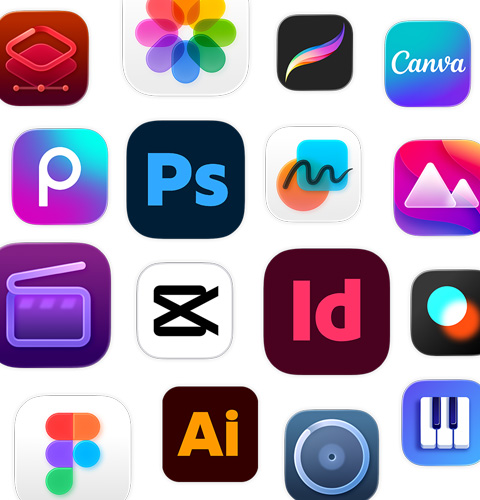 En række ikoner for kreativitetsapps, inklusive Adobe Illustrator, Canva, CapCut og Figma