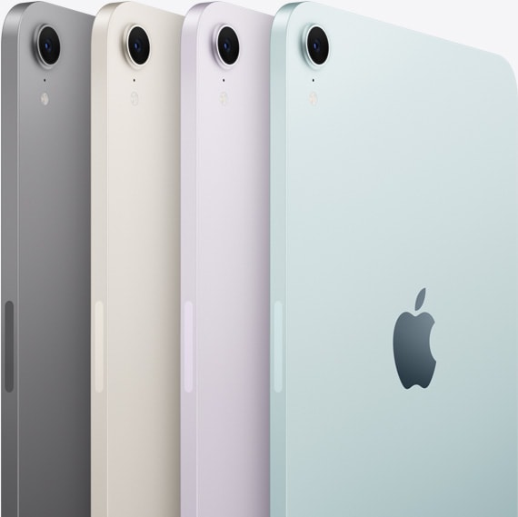 Neljän iPad mini ‑mallin taustapuoli ja kamera näkyvät saatavilla olevissa väreissä: tähtiharmaa, tähtivalkea, violetti ja sininen.