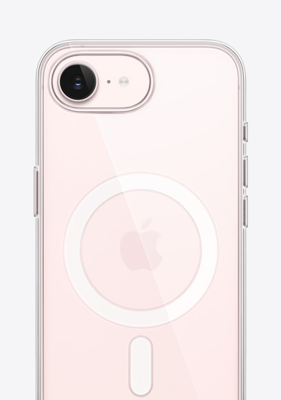 MagSafe형 투명 케이스를 씌운 소프트 핑크 색상 iPhone 17e의 뒷면. 상단의 Fusion 카메라와 중앙의 Apple 로고가 보입니다.