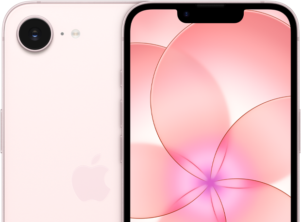 소프트 핑크 색상 iPhone 17e의 앞면과 카메라가 보이는 뒷면의 일부