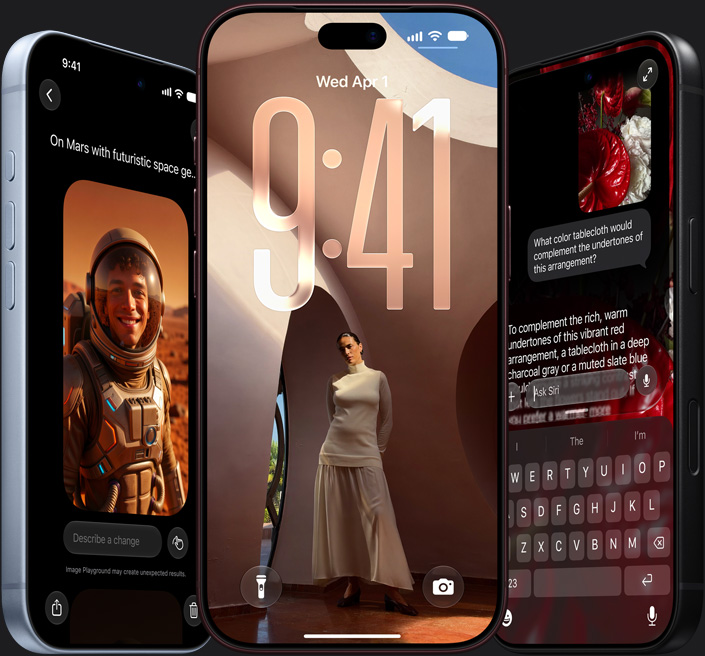 Siri AI - iPhone 18 Pro on the left, back, Glacier color showing Siri image generation; iPhone 18 Pro Burgundy in the center, displaying a lock screen; iPhone 18 Pro Max on the right, black, showing an Ask Siri query about complementary tablecloth covers