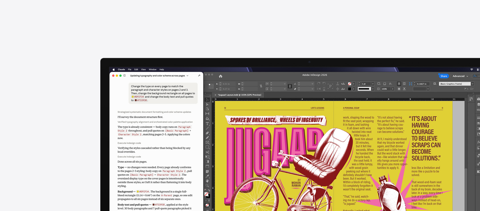 Claude and Adobe InDesign 2026 open on a screen, Claude shows a generative prompt about updating the design of a document, Adobe InDesign 2026 shows the document being edited
