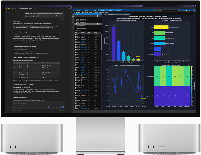 Studio Display XDR，螢幕顯示 LM Studio Bionic 和 MATLAB app 中的蜜蜂健康數據；Mac Studio 正面