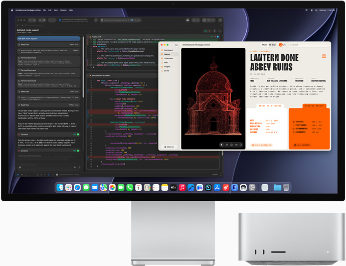 Studio Display XDR, la pantalla muestra un documento en proceso con Claude Agent en XCode, Mac Studio, vista frontal