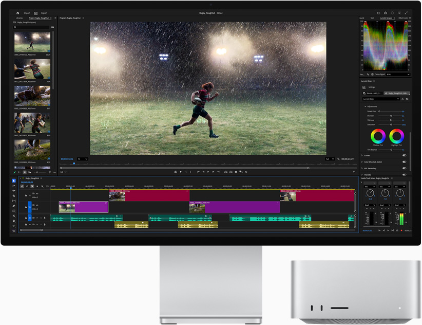 Studio Display XDR，螢幕顯示 Adobe Premiere 及運動員在運動場雨中跑步的圖像；Mac Studio 正面圖